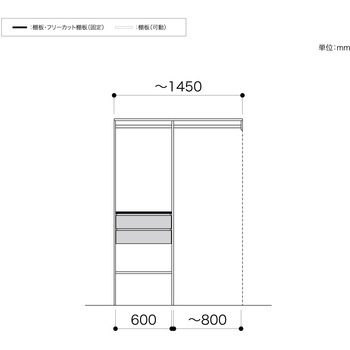 ノエル3 間口4.5尺(1.5M) 奥行450/600mm パイプ+引出しプラン1 南海プライウッド