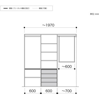 ノエル3 間口2M 奥行450/600mm パイプ+引出しプラン3 南海プライウッド