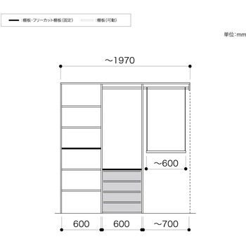 ノエル3 間口2M 奥行450/600mm パイプ+引出しプラン4 南海プライウッド