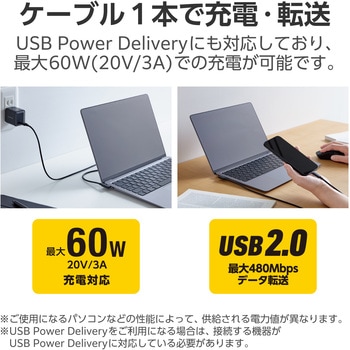 USB TypeCケーブル (USB-C to C)  L字 やわらか 充電/データ転送用 PD 60W 3A USB2.0 エレコム
