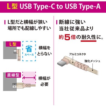 断線に強いTypeCケーブル L型 1.5m オーム電機