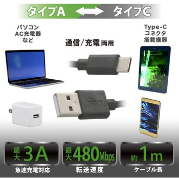 USBケーブル2.0 タイプA-タイプC 1m オーム電機
