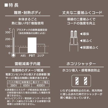 コード付タップ  延長コード 電源タップ 雷ガード 3個口 オーム電機