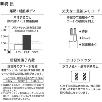 コード付タップ  延長コード 電源タップ 雷ガード 3個口 オーム電機