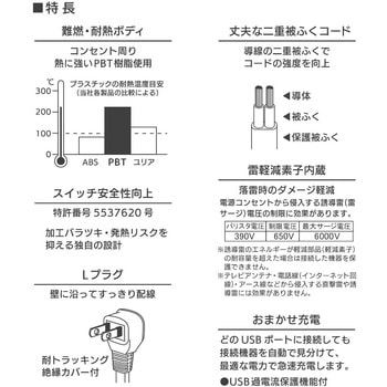 節電タップ 光る押しボタンスイッチ 雷ガード4個口 USBポート付き オーム電機