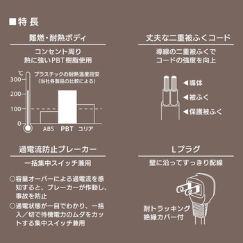 6個口電源タップ ブレーカー付き 一括スイッチ付 オーム電機