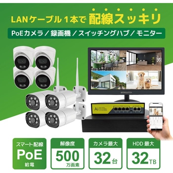 400万画素PoEタイプNVR防犯カメラセット バレットカメラ6台 ドームカメラ1台、15.6インチモニター、HDD4TB付き ブロードウォッチ