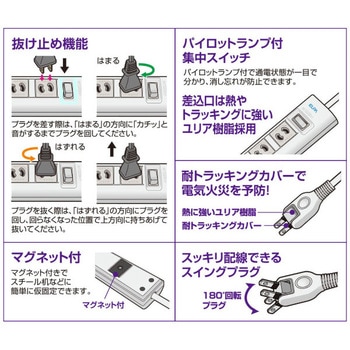 OAマルチタップ 電源タップ 7個口 耐雷サージ 抜け止め防止機能 固定用マグネット付き  集中スイッチ付 ELPA