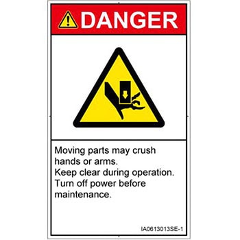 PL警告表示ラベル(ISO/SEMI準拠)│機械的な危険：押しつぶし(手/指)│英語(タテ) SCREENクリエイティブコミュニケーションズ