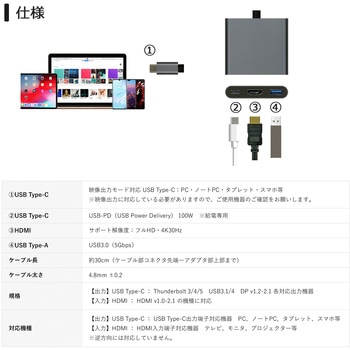 USB Type-C toマルチ Dock Hubアダプタ HDMI 4K2K USB Type-A 5.0Gbps PD100W ケーブル長 30cm Vodaview