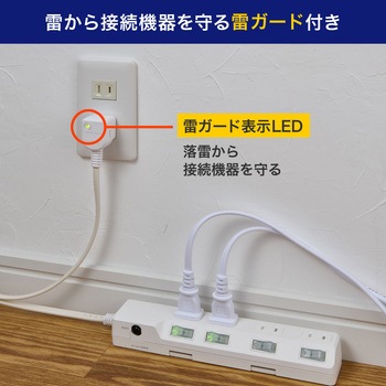 耐雷スイッチ付タップ AC125V 15A 4個口 LEDランプ仕様 独立スイッチ 雷から接続機器を守る耐雷サージ付 ブレーカー内蔵 ELPA