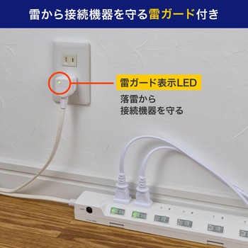 耐雷スイッチ付タップ AC125V 15A 6個口 LEDランプ仕様 独立スイッチ 雷から接続機器を守る耐雷サージ付 ブレーカー内蔵 ELPA