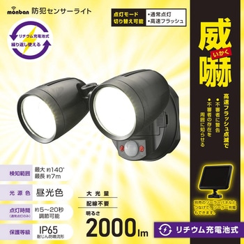 防犯センサーライト2灯リチウム充電式2000lmIP65 オーム電機