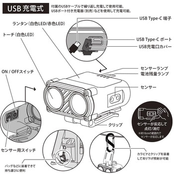 USB充電式マルチクリップライト450lmセンサー付 オーム電機