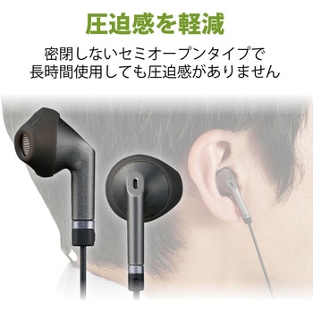 ステレオイヤホン セミオープン型 Φ3.5mm マイク付 13.6mmドライバー 高耐久ケーブル エレコム
