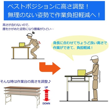軽量作業台/耐荷重150kg_折りたたみ高さ調整H600～900_ポリエステル天板_ワークテーブル 山金工業