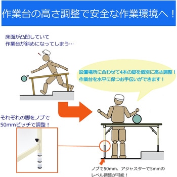 軽量作業台/耐荷重150kg_折りたたみ高さ調整H600～900_ポリエステル天板_ワークテーブル 山金工業
