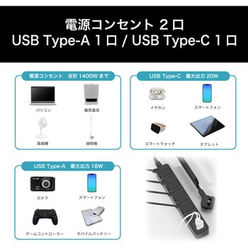 USBポート付き電源タップ(急速充電OKタイプ) Bluemake