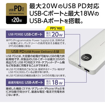 PD20W モバイルバッテリー10000 ホワイト - 多摩電子