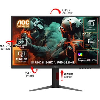 ゲーミング液晶ディスプレイ 27型/3840×2160/HDMI、DisplayPort/ブラック/スピーカー：なし/160/320Hz AOC