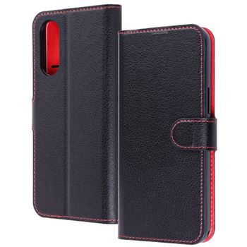 BASIO active3 Like standard 耐衝撃 マグネットベルト シンプル 手帳型レザーケース/ブラック_レッド レイ・アウト