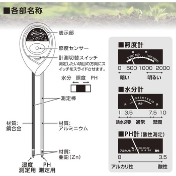 ガーデン用測定ツール 水分・照度・pH測定 電池不要 - オーム電機