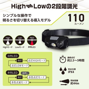 LEDヘッドランプ 110ルーメン 2段階調光 赤色点灯・点滅 IPX4 オーム電機