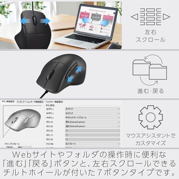 有線 USB マウス 静音 7ボタン チルトホイール付 エルゴノミクス 抗菌 Mサイズ SHELLPHA - エレコム