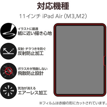 11インチ iPad Air (M3/M2) ガラスフィルム ケント紙 紙のような描き心地 アンチグレア ガイドフレーム付 - エレコム
