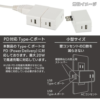 USBチャージャー 3.4A PD20W 2ポート Type-C/A AC1400W 白 オーム電機