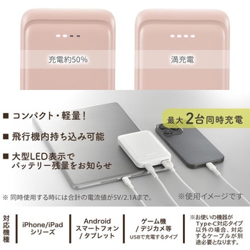 モバイルバッテリー 5000mAh 小型軽量 2台同時充電可 オーム電機