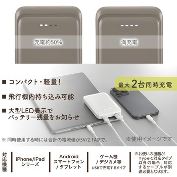モバイルバッテリー 5000mAh 小型軽量 2台同時充電可 オーム電機