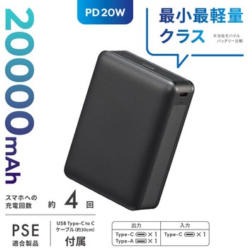 モバイルバッテリー 20000mAh PD20W急速充電対応 大容量タイプ オーム電機