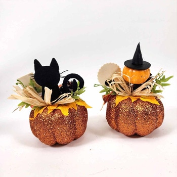 秋のディスプレイ・装飾用品 パンプキンベースアレンジ オレンジ 高さ15cm(造花) - ストア・エキスプレス