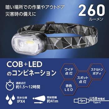 小型充電式ヘッドライト 260lm 防水IPX4 - オーム電機