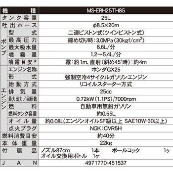 MS-ERH25TH85 タンクキャリー付きエンジン動噴(ツインピストン式) 1台