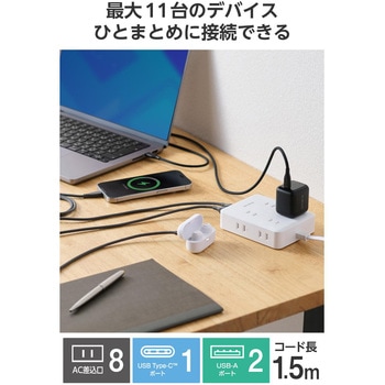 電源タップ USB延長コード コンセント8口 USB-C/USB-Aポート付 1.5m 雷ガード PSE適合 iPhone/スマホ等対応 エレコム