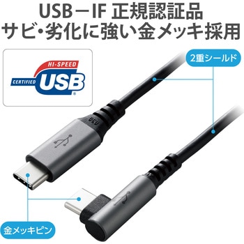 USBケーブル C-C Type-Cケーブル 3A出力 PD対応 L字コネクタ ブラック エレコム