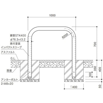 インパクトアーチ 基礎式 スチール製 Φ76.3 W1000 固定式 サンポール