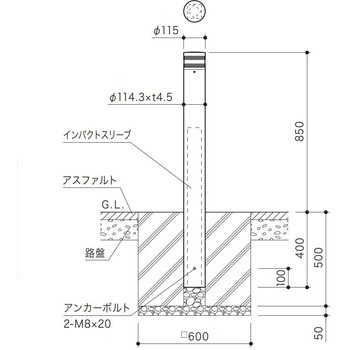 インパクトボラード 基礎式 スチール製 Φ114.3 固定式 点灯式 HB種対応品 サンポール