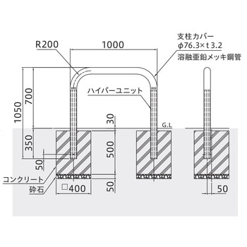 ハイパーボラード ステンレス製 横型W1000(コンクリート独立基礎)タイプ 固定式 帝金