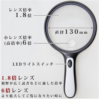 手持ちルーペ 大型LEDライト付き 1.8倍 小レンズ 6倍 130mm I.L.K(池田レンズ工業)