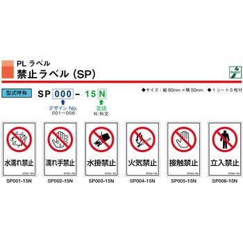 SPシリーズ 禁止ラベル 水濡れ禁止 1式(5枚×5シート入) 西日本セフティデンキ