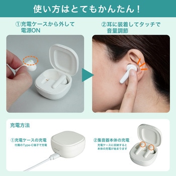 集音器 イヤリスチャージ イヤホン型両耳 充電式 両耳密閉タイプ 電池交換不要 自動で電源ON 5段階音量調節 ホワイト - ELPA