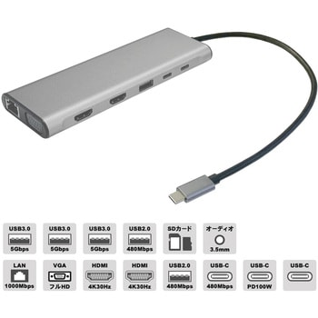 USB-C to マルチ Dock Hub アダプタ〔HDMI×2(分配機能)/VGA/USB3.1×3/USB2.0×2/USB-C 480Mbps/microSD・SDカード/LAN/PD100W〕 Vodaview