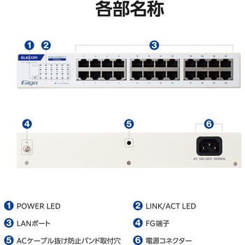 スイッチングハブ LANハブ Giga対応 1000/100/10Mbps 金属筐体 AC電源 ファンレス 静音 エレコム