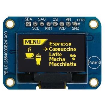 0.96インチ パッシブマトリクス 有機EL ディスプレイ 黄 128 x 64 COB MIDAS