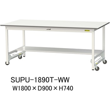軽量作業台/耐荷重150kg_ワンタッチ移動H740_半面棚板付_ワークテーブル150シリーズ 山金工業