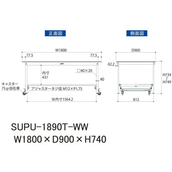 軽量作業台/耐荷重150kg_ワンタッチ移動H740_半面棚板付_ワークテーブル150シリーズ 山金工業
