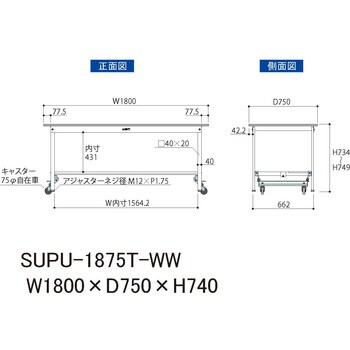 【軽量作業台】ワークテーブルワンタッチ移動タイプ・半面棚板付・耐荷重150kg・H740・低圧メラミン天板